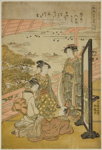 Avondgloed bij Matsusaki (Matsusaki no sekisho), uit de serie "Acht Modieuze Zichten van Edo (Furyu Edo hakkei)" door Isoda Koryusai