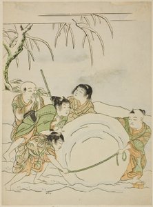 Vijf jonge jongens die een grote sneeuwbal rollen door Isoda Koryusai