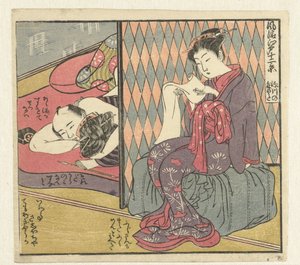 Liefdespaar en lezende vrouw door Isoda Koryusai