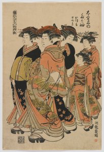 Modellen van Mode: Nieuwe Ontwerpen als Frisse Jonge Bladeren: De Courtisane Tagasode van Daimonjiya met Katsuru, Tomeki, en Bedienden, Edo-periode, 1778-80 (kleur houtsnede)