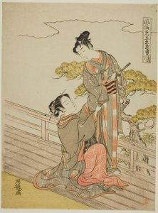 Parodie van de harnas-trekkende scène, uit de serie "Modieuze parodieën van moed in de liefde" door Isoda Koryusai