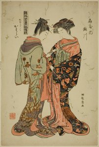 Takigawa en Katarai van de Ogiya, uit de serie "Modellen voor mode: Nieuwe ontwerpen zo fris als jonge bladeren (Hinagata wakana hatsu moyo)" door Isoda Koryusai