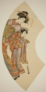 De Courtisane Hanaogi van de Ogiya en haar bediende, uit de serie "Waaier van het Oosten (Azuma ogi)"