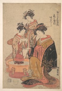 De oiran Sugawara van Tsuru-ya, zittend naast een hibachi (vuurpot) door Isoda Koryusai