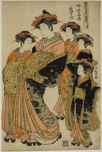 De zesde maand (Minazuki): Nioteru van de Ogiya, uit de serie "Modellen voor mode: Nieuwe ontwerpen zo fris als jonge bladeren" door Isoda Koryusai