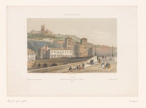 Zicht op de Pont Tilsitt en de kathedraal Saint-Jean te Lyon door Isodore Laurent Deroy