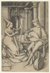 Luitspeler en harpist, uit Scènes uit het dagelijks leven, n.d. door Israhel van Meckenem