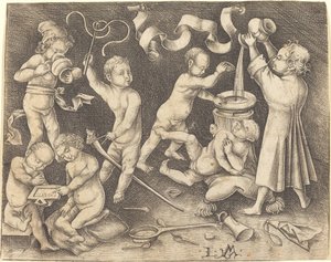 Zeven kinderen aan het spelen, ca. 1490 door Israhel van Meckenem