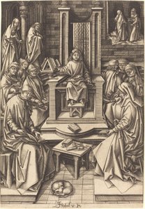 Christus onder de Dokters door Israhel van Meckenem after Hans Holbein the Elder