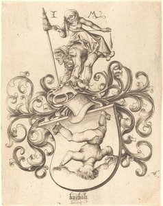 Wapenschild met tuimelende jongen door Israhel van Meckenem after Master of the Housebook