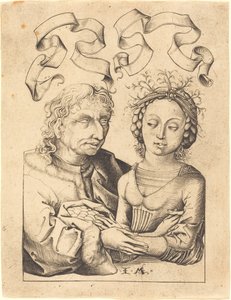 De Dwaze Oude Man en het Jonge Meisje door Israhel van Meckenem after Master of the Housebook