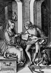 Een vrouw die zingt terwijl een man een luit speelt (gravure)