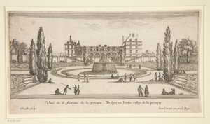 Uitzicht op Chateau Liencourt: Een binnenplaats met een fontein door Israël Silvestre