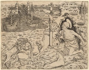Sint Hiëronymus in boetedoening, met twee schepen in een haven door Italian 15th Century