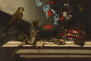 Stilleven met Artisjokken en een Papegaai door Italian 17th Century