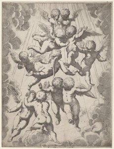 Een groep engelen in glorie door Italian 17th Century, after Guido Reni, after Luca Cambiaso