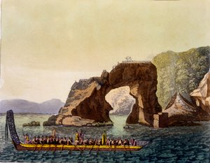 Een Maori versterkt uitkijkpunt in Nieuw-Zeeland, gecombineerd met Maori oorlogskano, 1820s-30s door Italian School