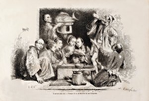 Een klein feestje sake drinken, uit de Italiaanse editie van Tour du Monde, 1869