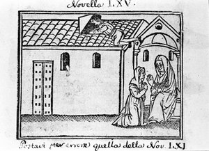 Een jaloerse echtgenoot vermomt zich als priester om de biecht van zijn overspelige vrouw af te nemen. Illustratie voor het verhaal 65 (Verhaal 5 van de zevende dag) van de 