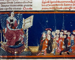 Een meester en zijn leerlingen. Miniatuur van de Florentijnse school uit een editie van het Pater noster door Ser Zucchero Bencivenni (MS.II.VI 16) begin 14e eeuw