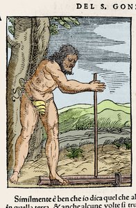 Een inheemse man die vuur maakt door twee stukken hout tegen elkaar te wrijven. Gravure uit 
