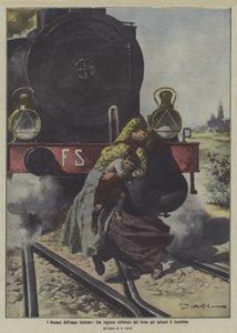 Een tragedie van zusterliefde: een meisje gedood door een trein terwijl ze haar broertje redt (kleurenlitho) door Italian School