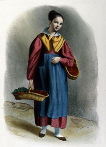 Een jonge zwervende aardbeienverkoopster. Milanese beroep gravure van Locarno uit 1830.