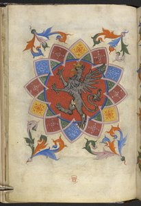 Add. 21965, f.5v Heraldisch figuur: Een griffioen, Statuten van het Gilde van Kleermakers, uit 