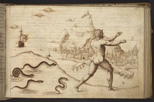Slangen die een menselijke figuur achtervolgen, uit Historia Animalium door Italian School