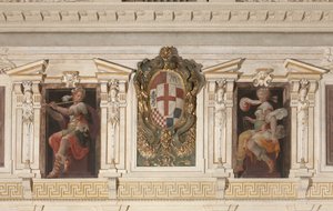 Allegorische figuren en wapenschild van de familie Marino