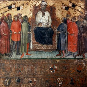 Allegorie van het bestuur van de stad Siena omringd door burgers die er symbolisch mee verbonden zijn door een touw. Anoniem schilderij op hout van een Biccherna (omslag van het boekhoudregister van de stad Siena) 1385. Siena Archivio di Stato, Italië door Italian School
