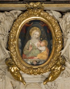 Altaar van St. Eusebius, Fresco Onze-Lieve-Vrouw van Vrede 15e Eeuw, Ingezet in het frame met Engelen in 1622 door Italian School