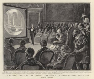 Een entertainment in het Vaticaan, de paus bij een toverlantaarn tentoonstelling (litho) door Italian School