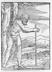 Een Indiaanse Tainos maakt vuur door twee stukken hout tegen elkaar te wrijven (gravure uit 