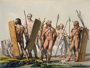 Oude Keltische krijgers gekleed voor de strijd, met een sjamaan, ca. 1800-18