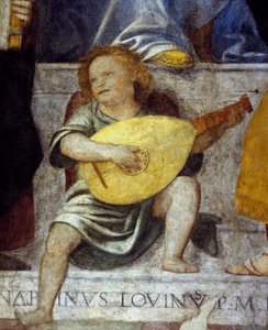 Engel muzikant die luit speelt. Detail van een 17e-eeuwse fresco uit een kerk in Milaan. door Italian School