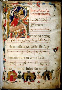 Antifonarium (manuscript van heilige muziek) met portret van Doge Marino Zorzi linksonder