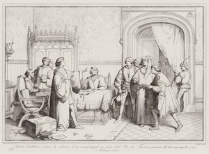 Antonio Condulmero weigert de gouden ketting die hem door de koning van Frankrijk is gestuurd, voordat hij vertrekt (gravure) door Italian School