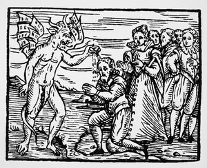Doop door de duivel, kopie van een illustratie uit Compendium Maleficarum door Fr M Guaccius, Milaan 1608, gebruikt in History of Magic, gepubliceerd eind 19e eeuw door Italian School