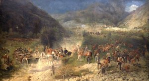 Slag bij Bezzecca: vrijwilligers van Giuseppe Garibaldi vechten tegen de Oostenrijkers op 21/07/1866. Museo del Risorgimento. Milaan