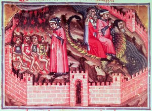 Canto XVII Vier Sodomieten: Dante en Vergilius rijden op de rug van Geryon in de Cirkel van de Bedriegers, uit de Goddelijke Komedie (de Inferno), ca.1313