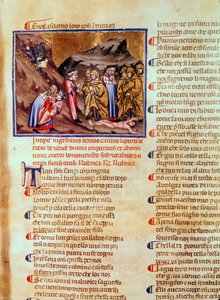 Canto XXIII Dante en Vergilius in de Cirkel van de Huichelaars, met Kajafas gekruisigd op de grond, uit de Goddelijke Komedie (de Inferno), ca.1313 door Italian School