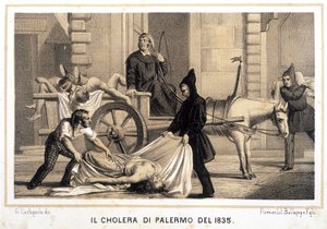 Kar die de doden ophaalt tijdens de cholera-epidemie in Palermo in 1835