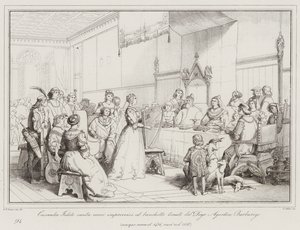 Cassandra Fedele zingt geïmproviseerde verzen op het banket gehouden door Doge Agostino Barbarigo...