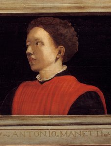Cassone met 5 portretten van de Meester van de Florentijnse Renaissance detail met het portret van Manetti Rutilio di Lorenzo (1571-1639). Italiaanse school van de 16e eeuw. Het onderschrift hieronder is waarschijnlijk later toegevoegd. Musee du Louvre, Pa