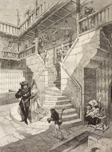 Kasteel binnenplaats, middeleeuws dorp in Turijn, Italië, gravure door Bonamore uit L