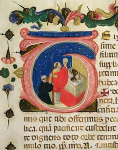 Viering van de Eucharistie, uit een Mariegola van de lekenbroederschap van St. Hiëronymus, ca. 1400 door Italian School