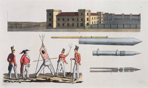 Chatham Barracks, een militaire straf genaamd de Driehoek en Congreve-raketten, plaat 17 uit De geschiedenis van de naties door Italian School