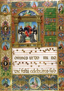 Koor miniatuur met St. Benedictus die predikt tot monniken door Italian School