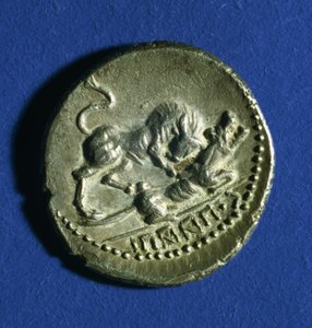 Munt van de Italische Stammen met een stier die de Romeinse wolvin aanvalt, 89-90 v.Chr.